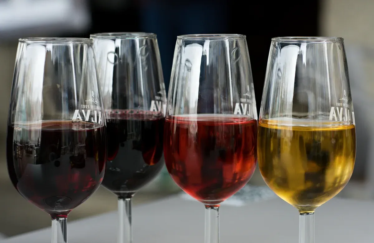 Glasses of white, rosé, tawny and ruby port, showing what port wine looks like