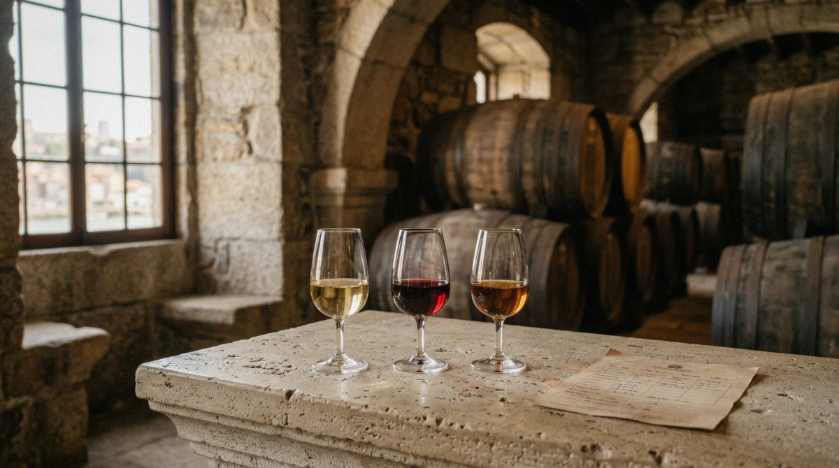 Glasses of white, ruby and tawny port on a stone counter, the tasting at the end of port wine tours in Vila Nova de Gaia